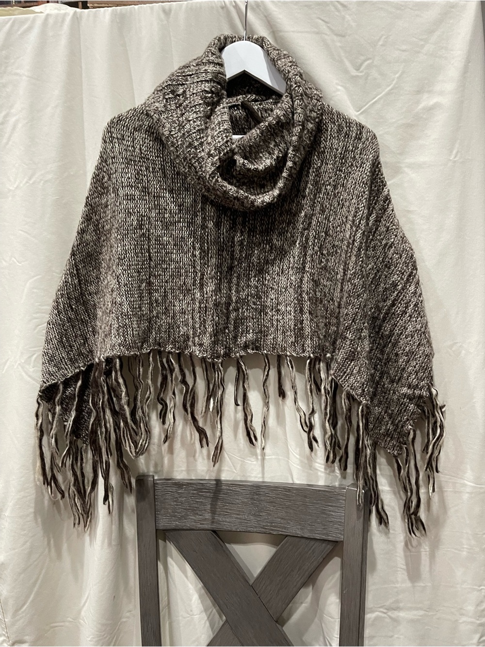 Cozy Brown Knit Fringe Poncho with Cowl Neck